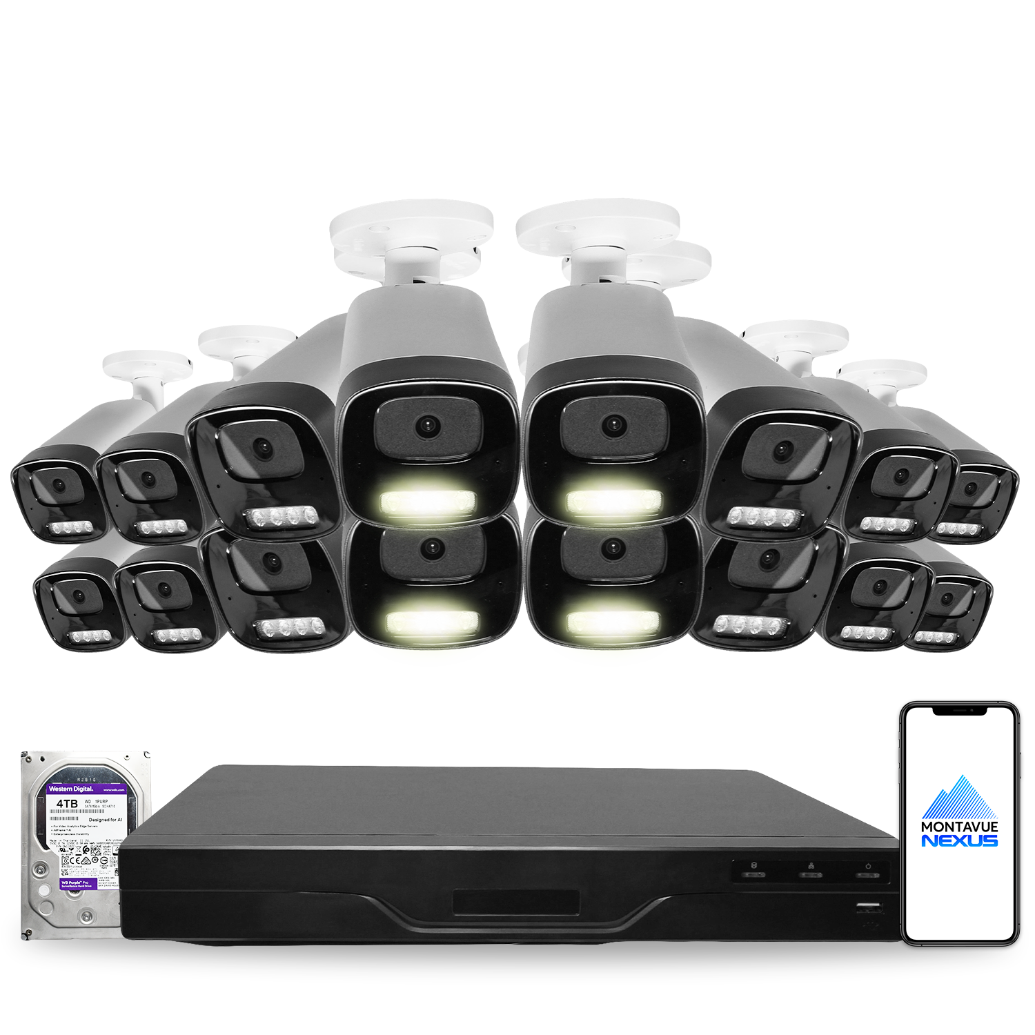 4MP 2K Nexus Smart-Light Bullet IP-Sicherheitskamerasystem mit Pro 16-Kanal PoE NVR & 4TB HDD