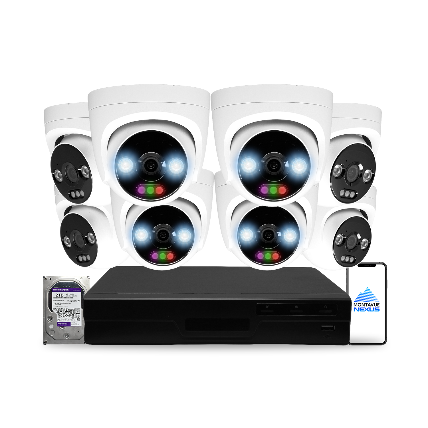 12MP 4K Nexus RGB Turret IP-Sicherheitskamerasystem mit Pro 8-Kanal PoE NVR & 2TB HDD