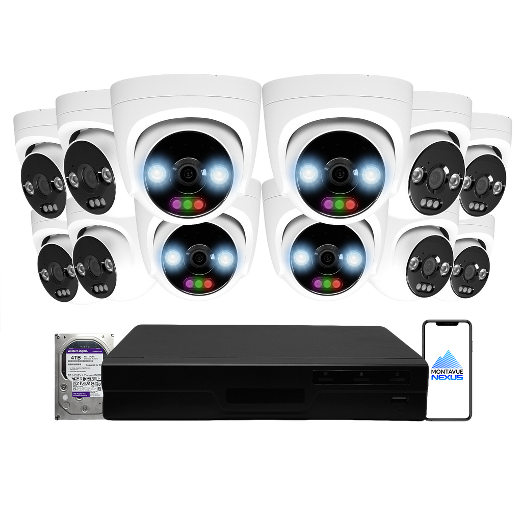12MP 4K Nexus RGB Turret IP-Sicherheitskamerasystem mit Pro 16-Kanal PoE NVR & 4TB HDD