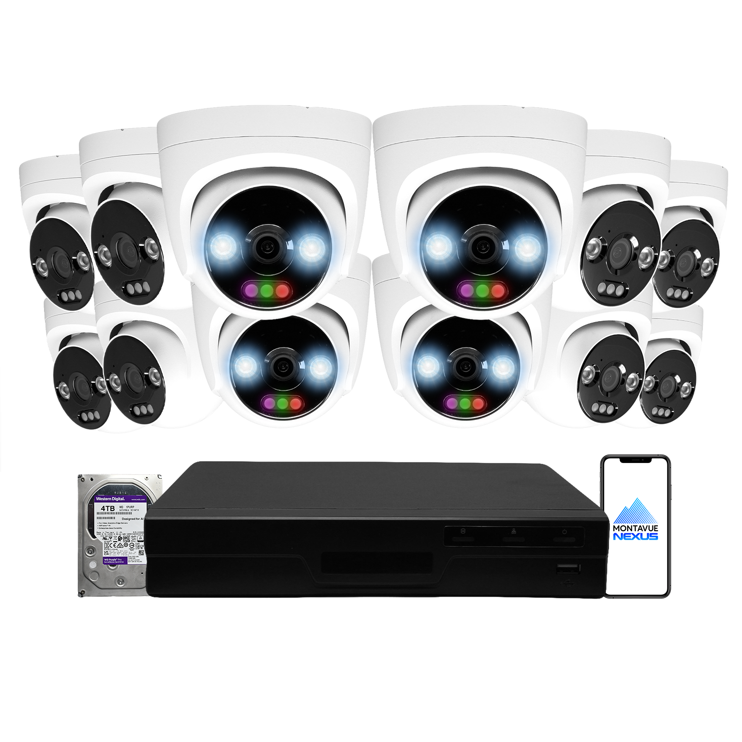 12MP 4K Nexus RGB Turret IP-Sicherheitskamerasystem mit Pro 16-Kanal PoE NVR & 4TB HDD