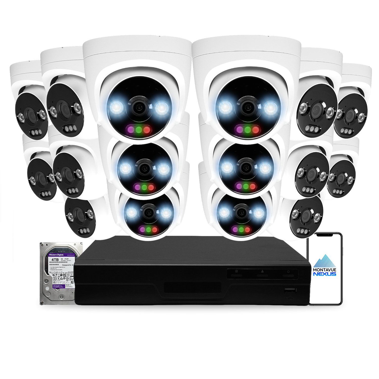 12MP 4K Nexus RGB Turret IP-Sicherheitskamerasystem mit Pro 16-Kanal PoE NVR & 4TB HDD